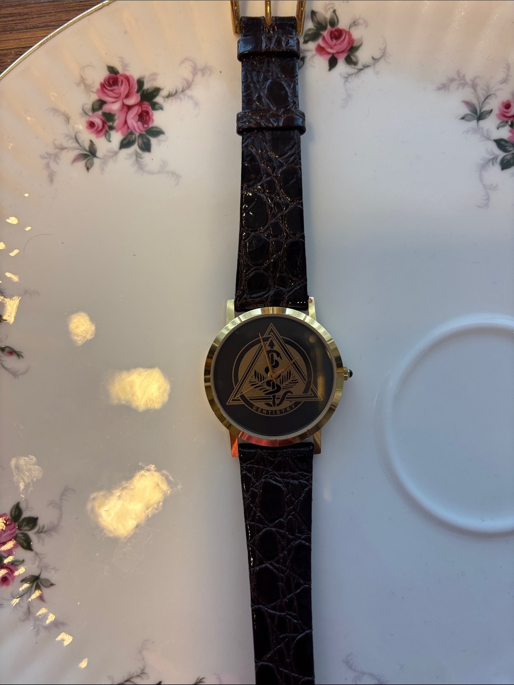 Gold-Tone Black Dial Watch with Brown Croc Strap